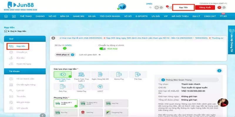 Nạp Tiền Jun88 Vào Tài Khoản Cực Đơn Giản Và Nhanh Chóng 3 Cần truy cập website chính thức của Jun88 khi gửi tiền